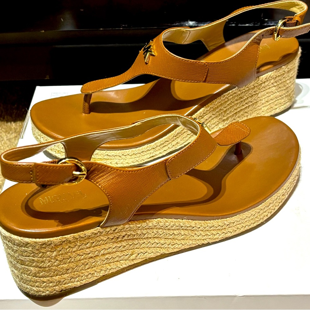 Laney Saffiano Leather Espadrille Wedge Open Sandal Luggage Size 10 M